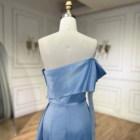 Vestidos de noche árabes de lujo, corte sirena, hombros descubiertos, satén azul Dubai 2025, para mujer, ideales para bodas y fiestas (LA72506) 