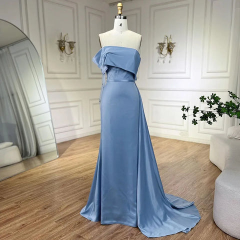 Vestidos de noche árabes de lujo, corte sirena, hombros descubiertos, satén azul Dubai 2025, para mujer, ideales para bodas y fiestas (LA72506) 