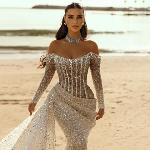 Vestido de noche de lujo con cuentas, estilo sirena, color nude, sin tirantes, con sobrefalda, para mujer, ideal para bodas y fiestas (LA72291) 