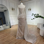 Vestido de noche de lujo con cuentas, estilo sirena, color nude, sin tirantes, con sobrefalda, para mujer, ideal para bodas y fiestas (LA72291) 