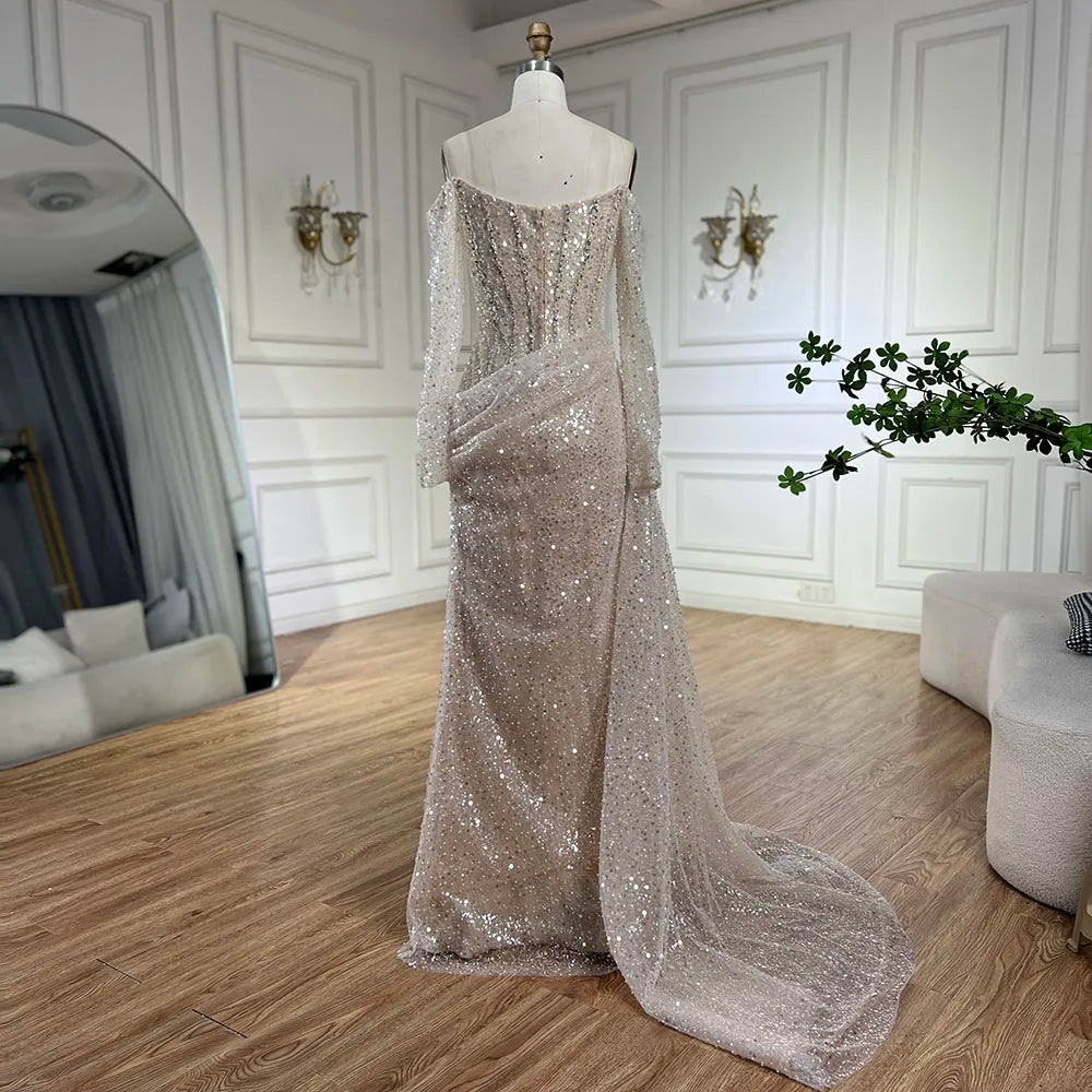 Vestido de noche de lujo con cuentas, estilo sirena, color nude, sin tirantes, con sobrefalda, para mujer, ideal para bodas y fiestas (LA72291) 