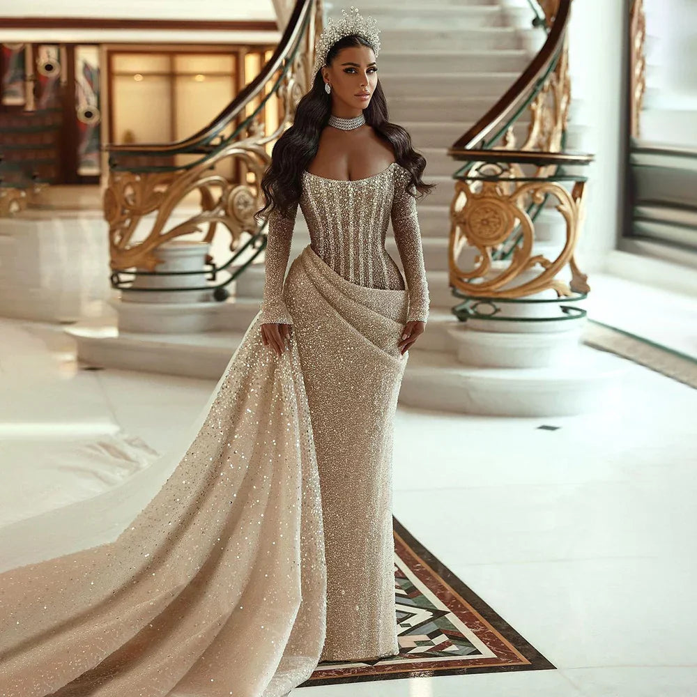 Vestido de noche de lujo con cuentas, estilo sirena, color nude, sin tirantes, con sobrefalda, para mujer, ideal para bodas y fiestas (LA72291) 