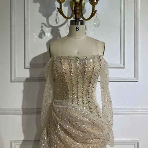Vestido de noche de lujo con cuentas, estilo sirena, color nude, sin tirantes, con sobrefalda, para mujer, ideal para bodas y fiestas (LA72291) 