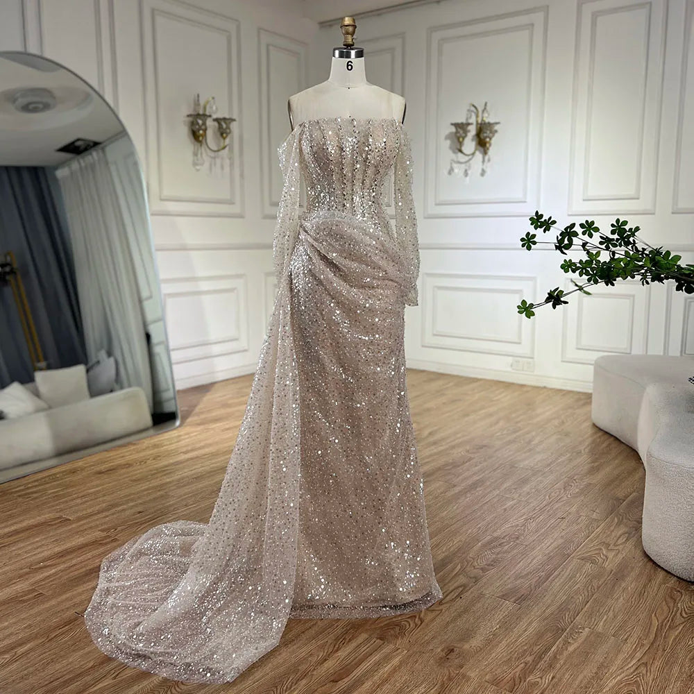 Vestido de noche de lujo con cuentas, estilo sirena, color nude, sin tirantes, con sobrefalda, para mujer, ideal para bodas y fiestas (LA72291) 