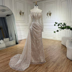 Vestido de noche de lujo con cuentas, estilo sirena, color nude, sin tirantes, con sobrefalda, para mujer, ideal para bodas y fiestas (LA72291) 