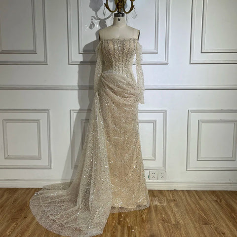 Vestido de noche de lujo con cuentas, estilo sirena, color nude, sin tirantes, con sobrefalda, para mujer, ideal para bodas y fiestas (LA72291) 