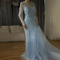 Vestido de noche azul elegante de Arabia Saudita 2025 con sobrefalda lateral con cuentas para ocasiones formales LA72734 