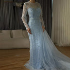 Vestido de noche azul elegante de Arabia Saudita 2025 con sobrefalda lateral con cuentas para ocasiones formales LA72734 