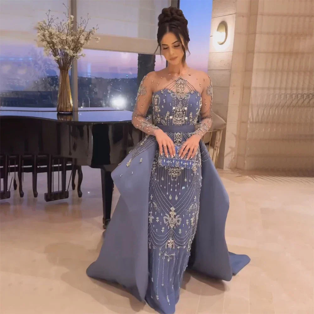 Luxury Beaded Blue Long Sleeves Evening Dresses with Overskirt  LA72757
