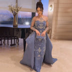 Luxury Beaded Blue Long Sleeves Evening Dresses with Overskirt  LA72757