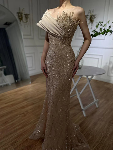 Vestido de noche elegante color caramelo, un solo hombro, estilo árabe saudí, con cuentas, para ocasiones formales (LA72577) 