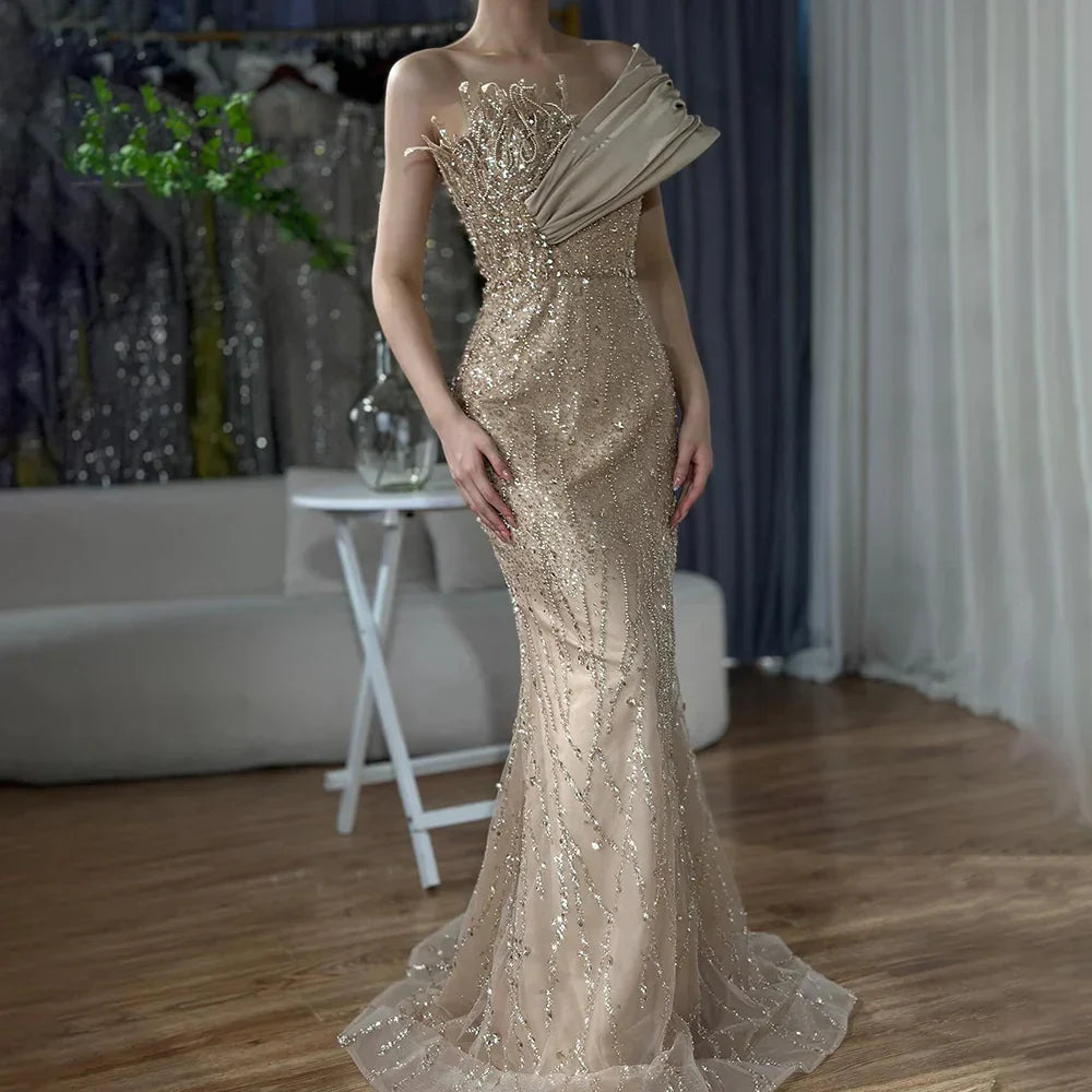Vestido de noche elegante color caramelo, un solo hombro, estilo árabe saudí, con cuentas, para ocasiones formales (LA72577) 
