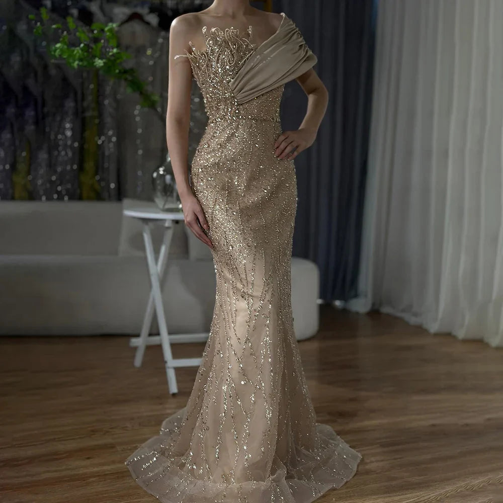Vestido de noche elegante color caramelo, un solo hombro, estilo árabe saudí, con cuentas, para ocasiones formales (LA72577) 