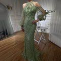 2025 Elegant Sage Green Halter Neck Beaded Luxury Mermaid Evening Dress for Formal Occasion Saudi LA72737