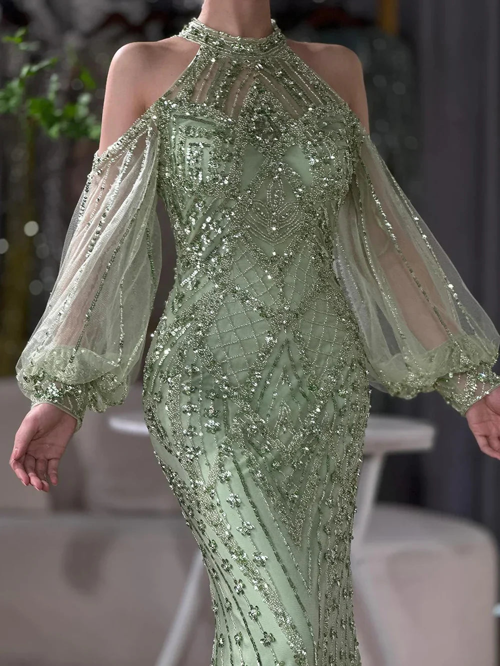 2025 Elegant Sage Green Halter Neck Beaded Luxury Mermaid Evening Dress for Formal Occasion Saudi LA72737