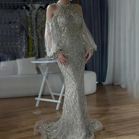 Vestido de noche de sirena de lujo, elegante, verde salvia, con cuello halter y cuentas, para ocasiones formales (2025), Saudi LA72737 