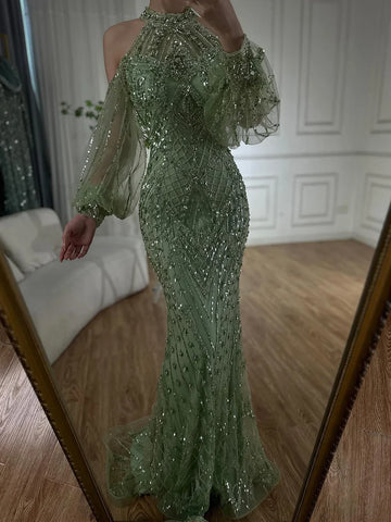 Vestido de noche de sirena de lujo, elegante, verde salvia, con cuello halter y cuentas, para ocasiones formales (2025), Saudi LA72737 