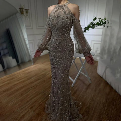 Vestido de noche de sirena de lujo, elegante, verde salvia, con cuello halter y cuentas, para ocasiones formales (2025), Saudi LA72737 