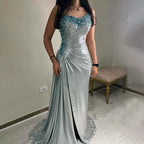 Vestido de noche de lujo de Dubái, elegante, plateado, de un solo hombro, con cuentas, corte sirena y abertura lateral, para fiestas de mujer LA72672 
