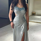 Vestido de noche de lujo de Dubái, elegante, plateado, de un solo hombro, con cuentas, corte sirena y abertura lateral, para fiestas de mujer LA72672 