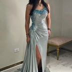 Vestido de noche de lujo de Dubái, elegante, plateado, de un solo hombro, con cuentas, corte sirena y abertura lateral, para fiestas de mujer LA72672 