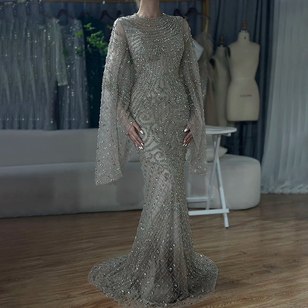 Vestidos de noche de sirena de lujo, estilo árabe saudí, con mangas acampanadas y cuentas color caramelo, para ocasiones formales (LA72771) 