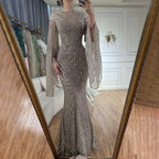Vestidos de noche de sirena de lujo, estilo árabe saudí, con mangas acampanadas y cuentas color caramelo, para ocasiones formales (LA72771) 