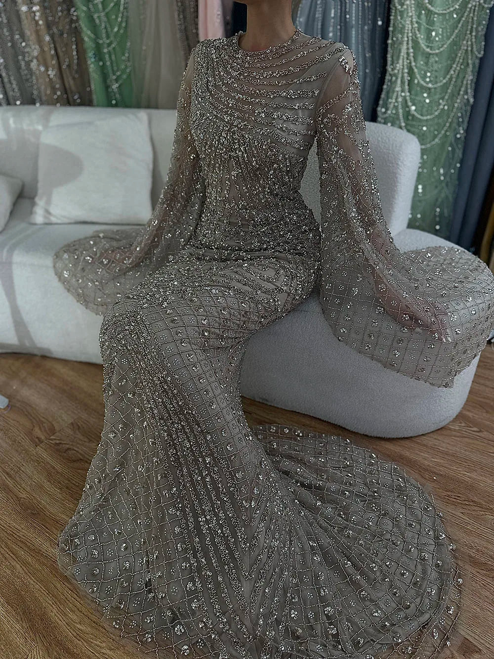Vestidos de noche de sirena de lujo, estilo árabe saudí, con mangas acampanadas y cuentas color caramelo, para ocasiones formales (LA72771) 