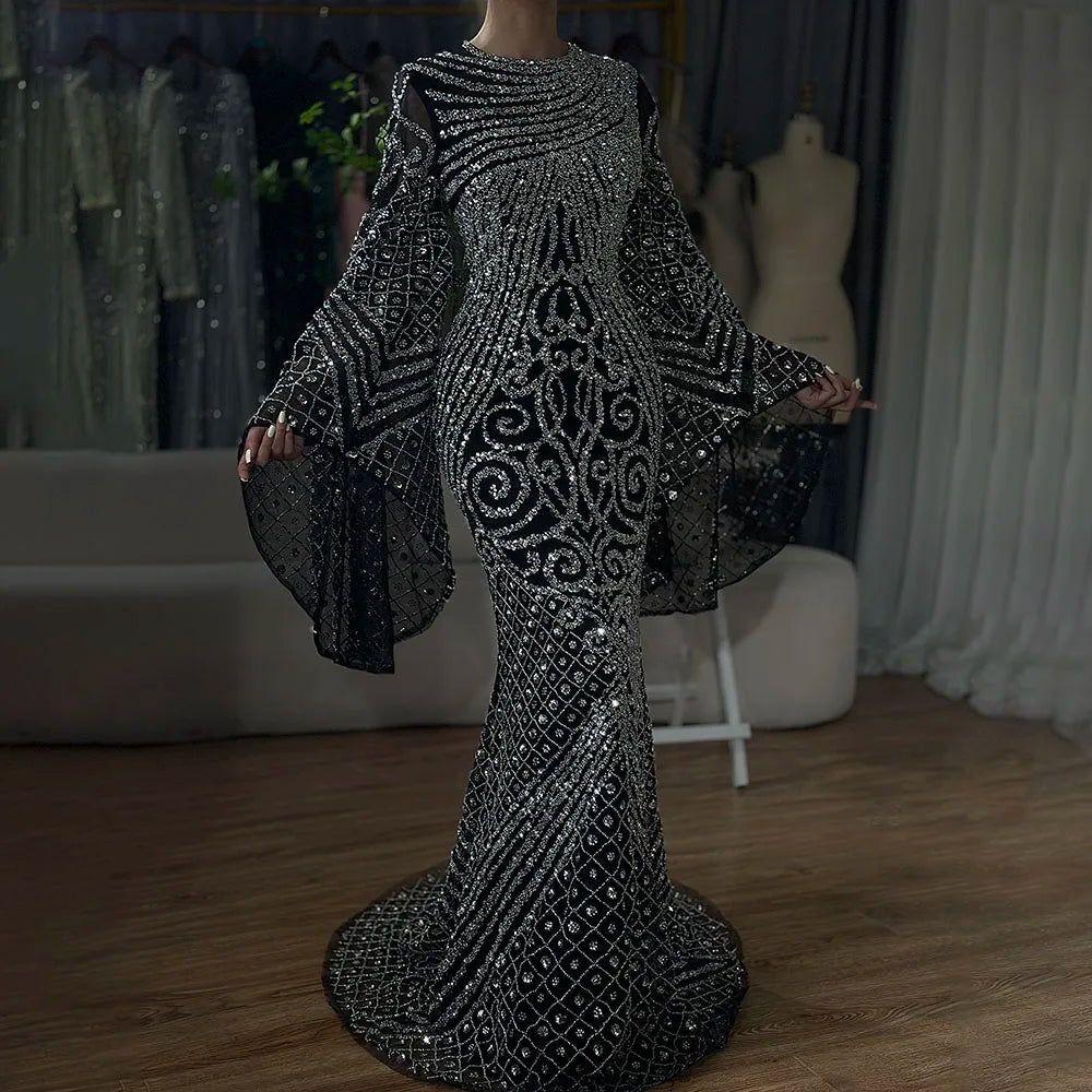 Vestidos de noche de sirena de lujo, estilo árabe saudí, con mangas acampanadas y cuentas color caramelo, para ocasiones formales (LA72771) 
