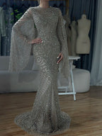 Vestidos de noche de sirena de lujo, estilo árabe saudí, con mangas acampanadas y cuentas color caramelo, para ocasiones formales (LA72771) 