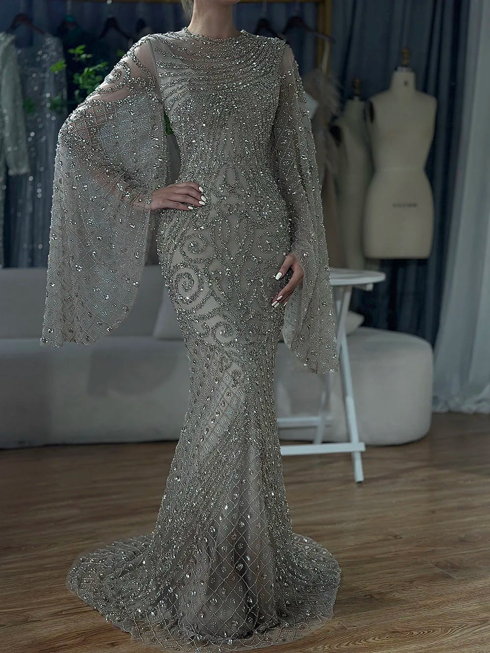 Vestidos de noche de sirena de lujo, estilo árabe saudí, con mangas acampanadas y cuentas color caramelo, para ocasiones formales (LA72771) 