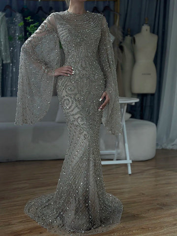 2025 Flared Sleeves Caramel Beaded Luxury Saudi Arabic Mermaid Evening Dresses Gowns for Formal Occasion LA72771