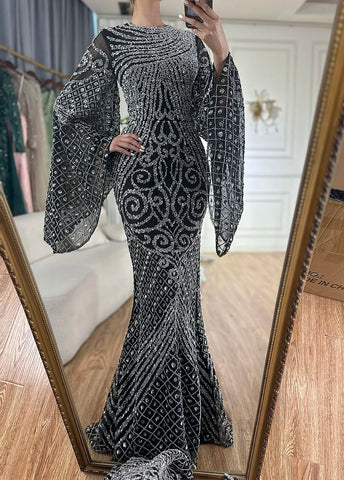 2025 Flared Sleeves Caramel Beaded Luxury Saudi Arabic Mermaid Evening Dresses Gowns for Formal Occasion LA72771