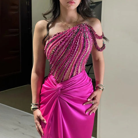 Robe de soirée fuchsia de luxe de créateur, robe de Dubaï pour occasions spéciales, LA72669 
