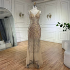 Vestidos de noche de lujo estilo sirena con tirantes finos y espalda descubierta, color dorado, con cuentas, para mujer, ideales para bodas y fiestas (LA72615) 