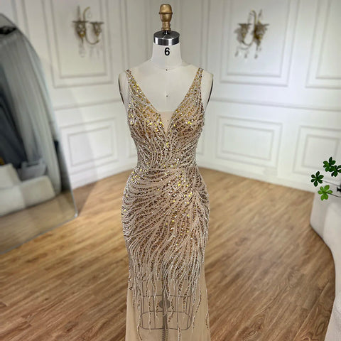 2025 Gold Backless Spaghetti Strap Mermaid Beaded Luxury Evening Dresses Gowns for Women Wedding Party LA72615