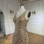Vestidos de noche de lujo estilo sirena con tirantes finos y espalda descubierta, color dorado, con cuentas, para mujer, ideales para bodas y fiestas (LA72615) 