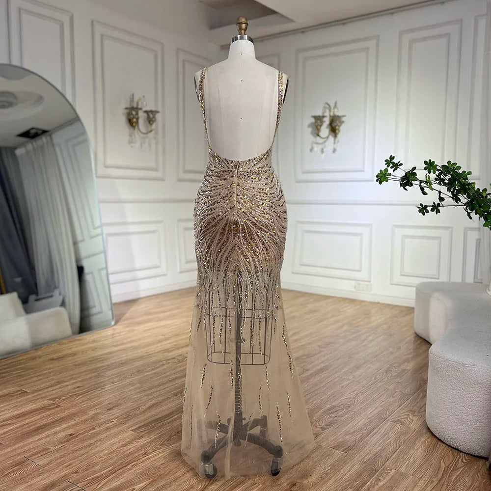 Vestidos de noche de lujo estilo sirena con tirantes finos y espalda descubierta, color dorado, con cuentas, para mujer, ideales para bodas y fiestas (LA72615) 