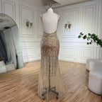Vestidos de noche de lujo estilo sirena con tirantes finos y espalda descubierta, color dorado, con cuentas, para mujer, ideales para bodas y fiestas (LA72615) 