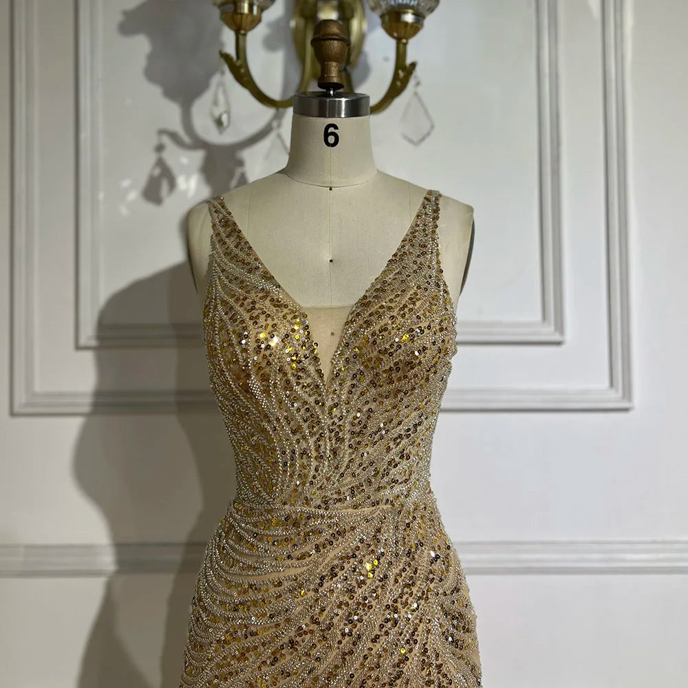 Vestidos de noche de lujo estilo sirena con tirantes finos y espalda descubierta, color dorado, con cuentas, para mujer, ideales para bodas y fiestas (LA72615) 