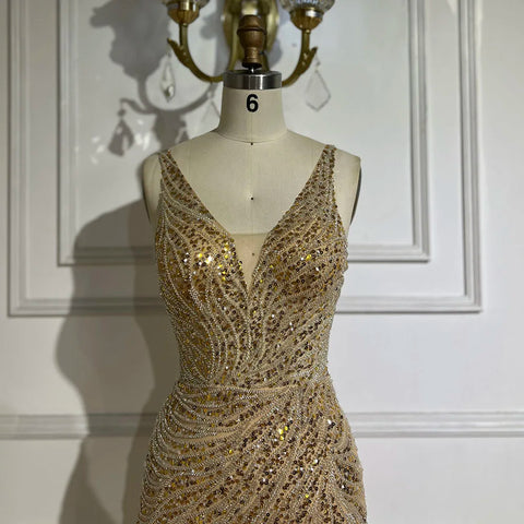 2025 Gold Backless Spaghetti Strap Mermaid Beaded Luxury Evening Dresses Gowns for Women Wedding Party LA72615
