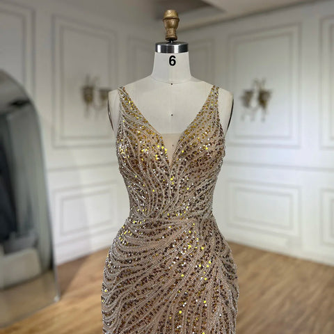 2025 Gold Backless Spaghetti Strap Mermaid Beaded Luxury Evening Dresses Gowns for Women Wedding Party LA72615