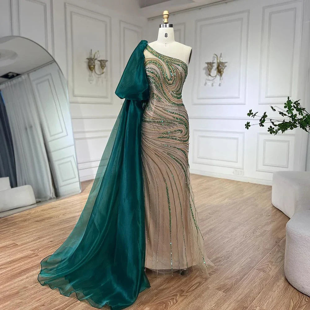 Vestido de noche largo de sirena verde con un solo hombro y cuentas, estilo capa, para mujer, ideal para bodas y fiestas (LA72282) 