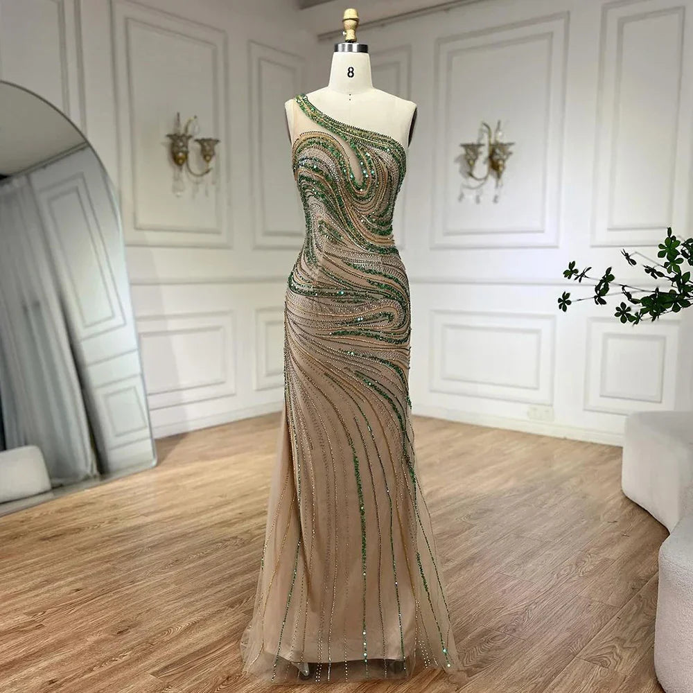 Vestido de noche largo de sirena verde con un solo hombro y cuentas, estilo capa, para mujer, ideal para bodas y fiestas (LA72282) 