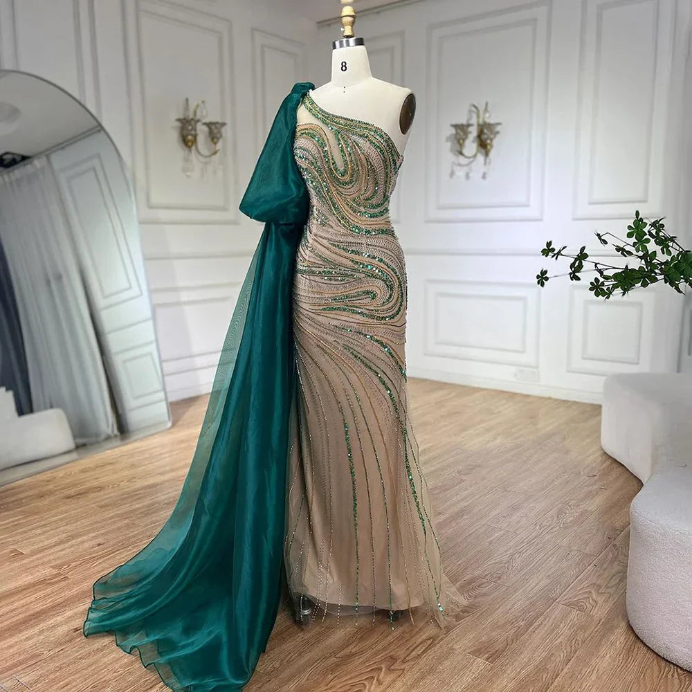 Vestido de noche largo de sirena verde con un solo hombro y cuentas, estilo capa, para mujer, ideal para bodas y fiestas (LA72282) 