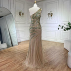 Vestido de noche largo de sirena verde con un solo hombro y cuentas, estilo capa, para mujer, ideal para bodas y fiestas (LA72282) 