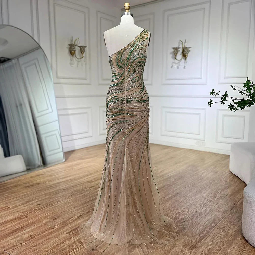 Vestido de noche largo de sirena verde con un solo hombro y cuentas, estilo capa, para mujer, ideal para bodas y fiestas (LA72282) 