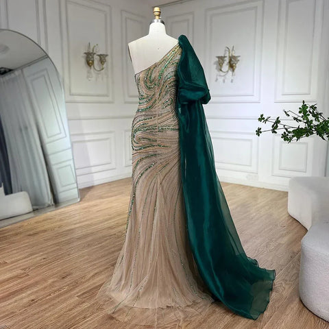 2025 Green One Shoulder Long Cloak Mermaid Beaded Luxury Evening Dresses Gowns for Women Wedding Party LA72282