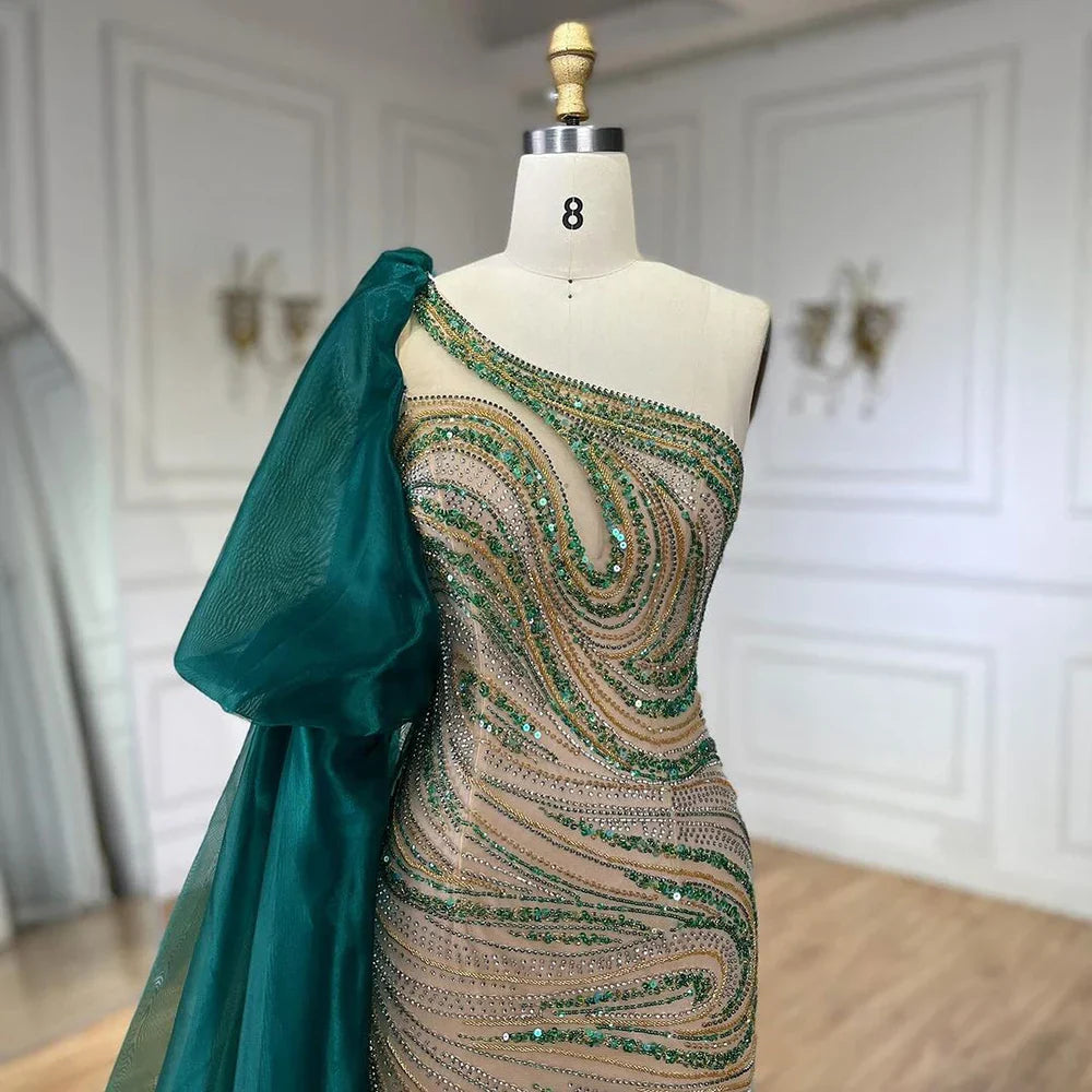 Vestido de noche largo de sirena verde con un solo hombro y cuentas, estilo capa, para mujer, ideal para bodas y fiestas (LA72282) 