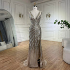 Vestido de noche de lujo con tirantes finos, abertura lateral y cuentas, estilo sirena dorada, para mujer, ideal para bodas y fiestas (LA72613) 